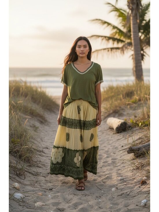 Veranesi Dresses & Skirts - Veranesi Long Maxi Skirt & Top Set Large Green Pleated Flowy Floral Boho Gypsy